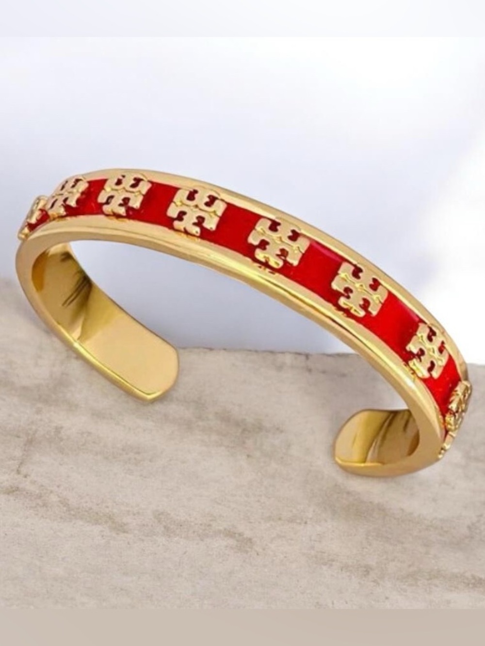 Tory Burch Enamel Raised Logo Stacked T Cuff Bangle Bracelet; Red/Gold -Size 6.5